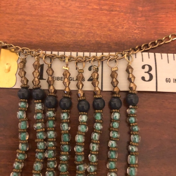 Navy And Light Blue Glass Beaded Dangle Fringe Gold Tone Vintage Necklace - Picture 7 of 8